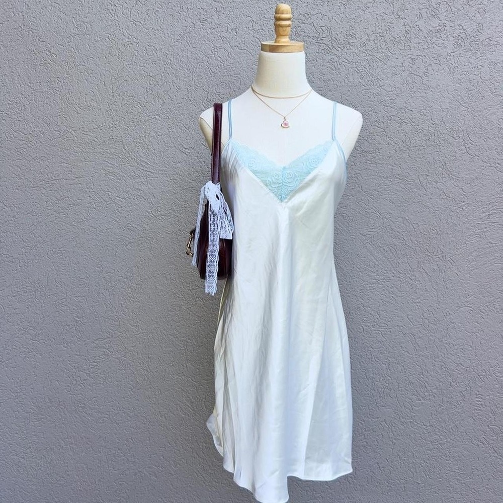 Lilac + London White Satin Slip Dress Lingerie Nightgown w/ Blue Lace XS